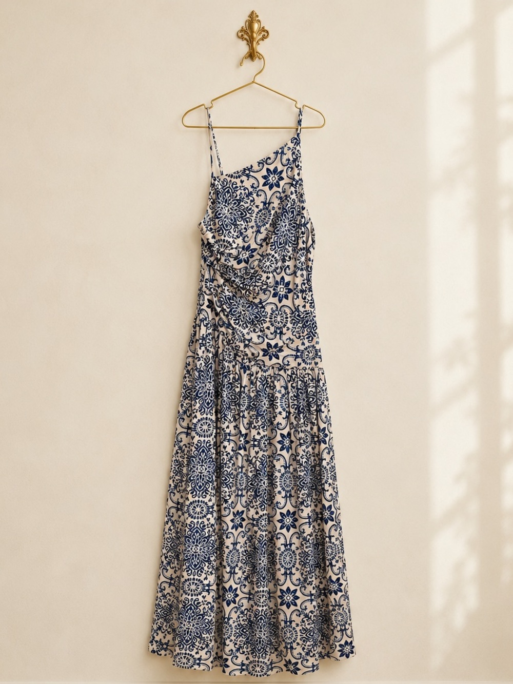 Dress Forum Los Angeles One Shoulder Blue & Ivory Linen Blend Midi Dress